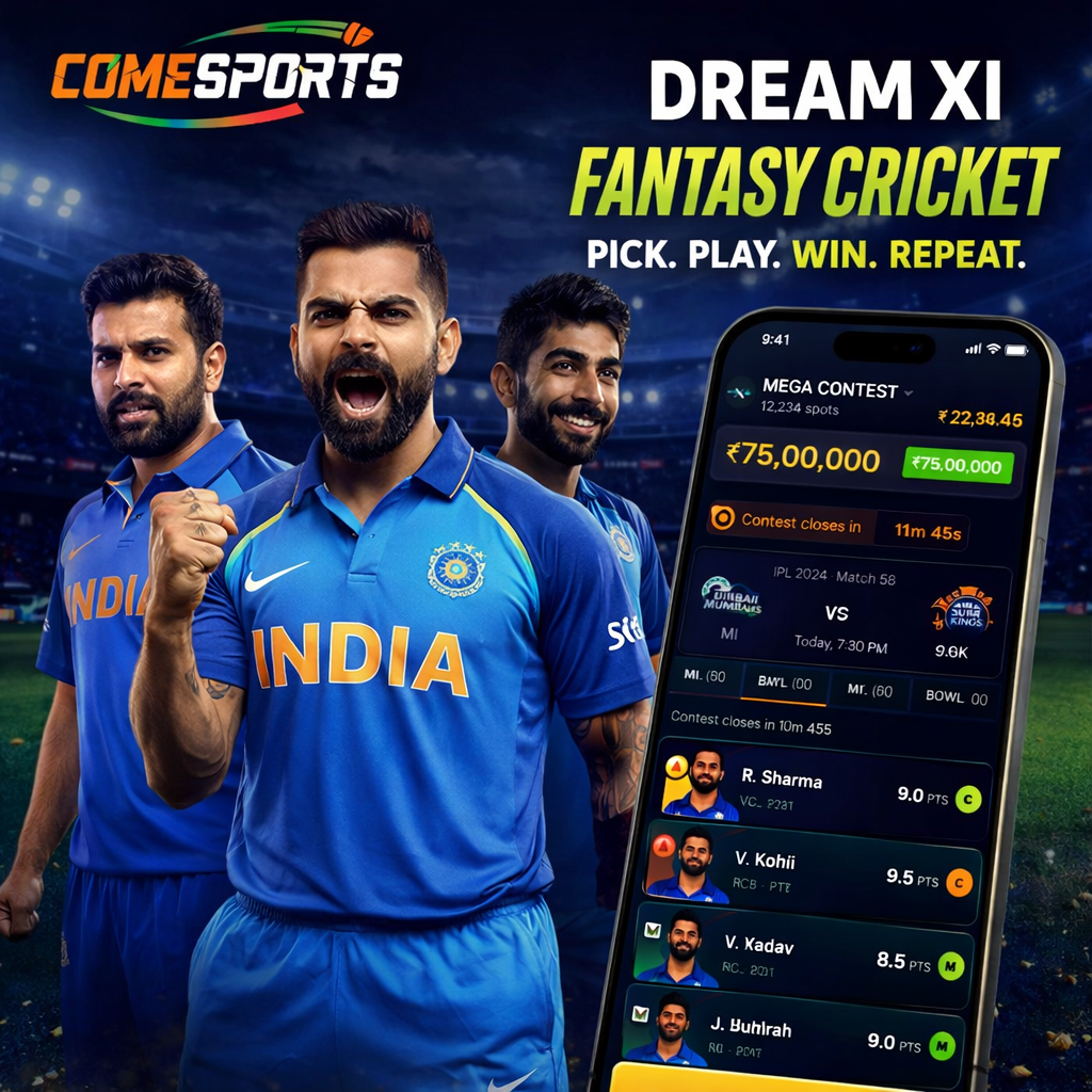 Come Cric App fantasy cricket and India team visual