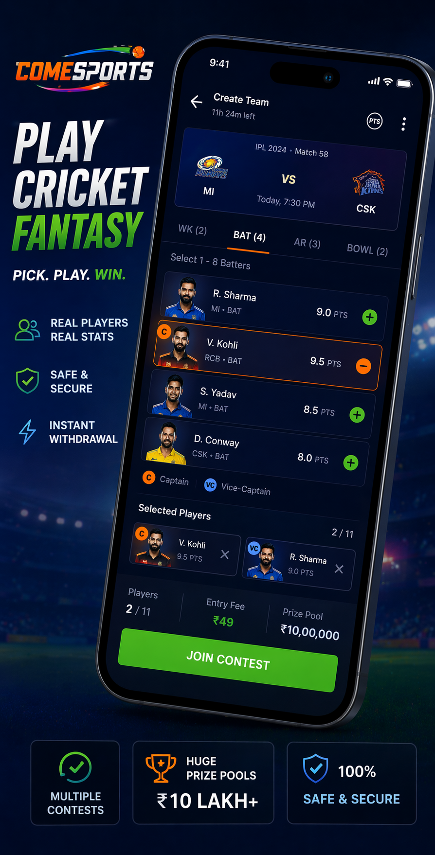 Come Cric App cricket fantasy visual